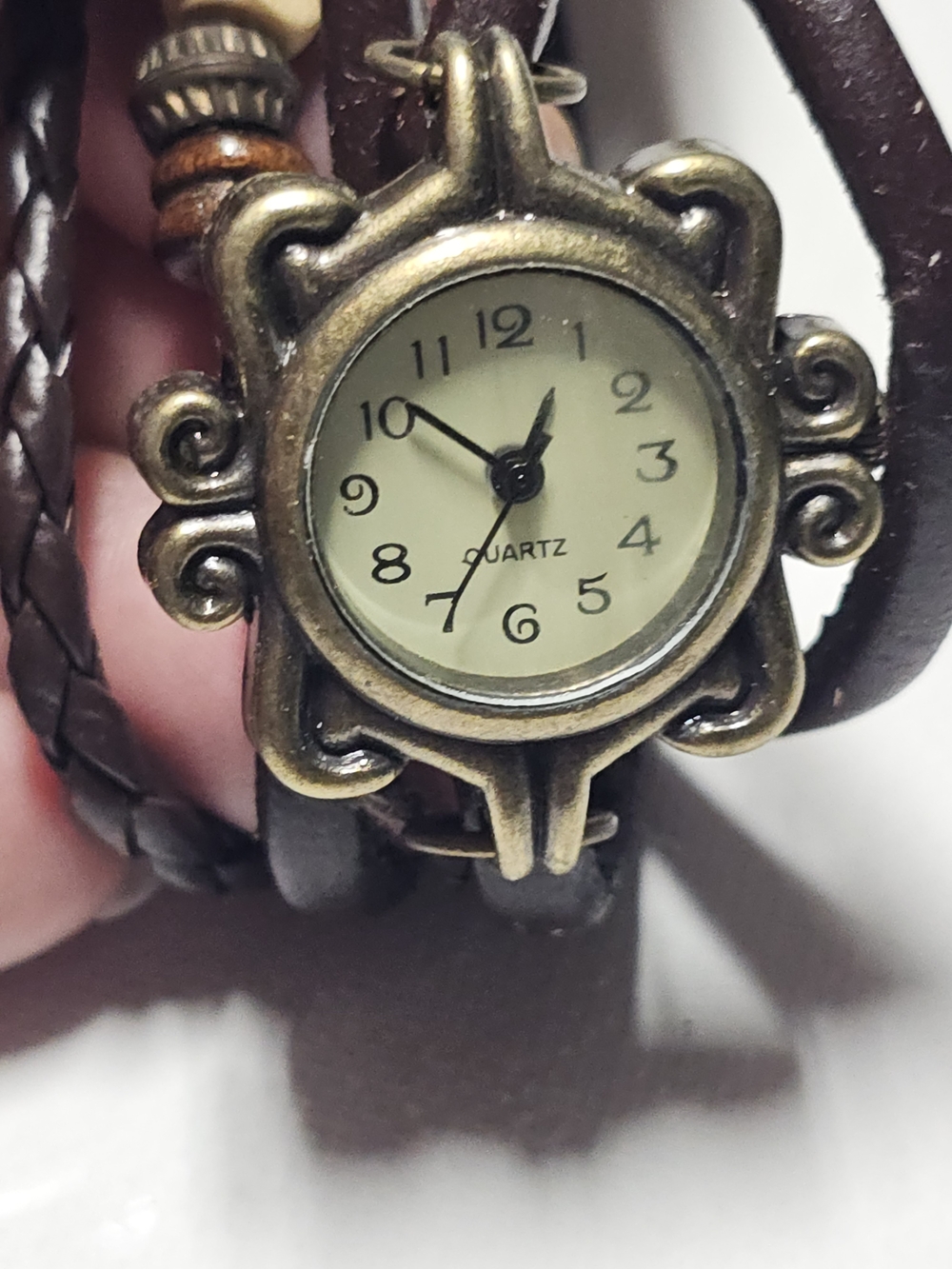 Vintage-Inspired Bronze Face Leather Wrap Watch - Brown